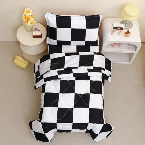 Caressma Checkered Toddler Bedding Set Black White Plaid Comforter Set - Image 3