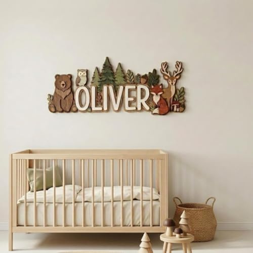 Personalized Woodland Name Sign, Custom Forest Animal Nursery Wall Decor by HANZSPROUT