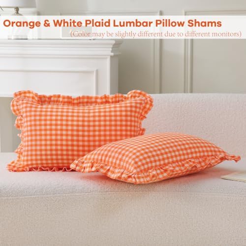 2 Pack Orange Gingham Lumbar Throw Pillow Shams 12''x20'' - Image 2