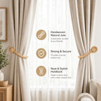 Hand Woven Jute Curtain Holdbacks, Wall Mounted Hooks 2 Pack - Image 2