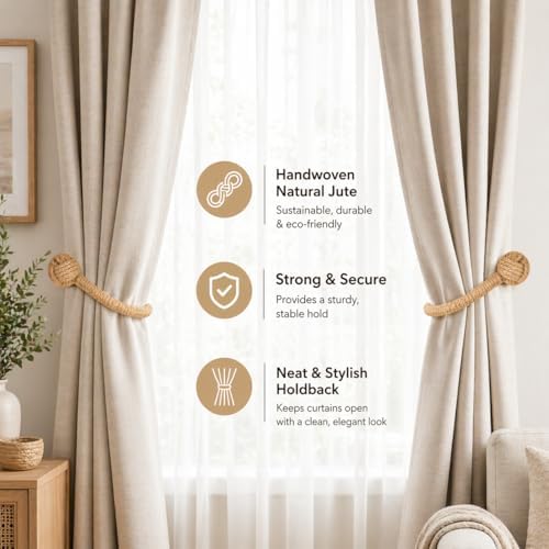 Hand Woven Jute Curtain Holdbacks, Wall Mounted Hooks 2 Pack - Image 2