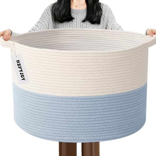 115L Extra Large Woven Blanket Basket, Laundry Hamper-White&Blue by HZFTJOY