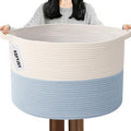 115L Extra Large Woven Blanket Basket, Laundry Hamper-White&Blue by HZFTJOY