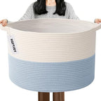 115L Extra Large Woven Blanket Basket, Laundry Hamper-White&Blue by HZFTJOY
