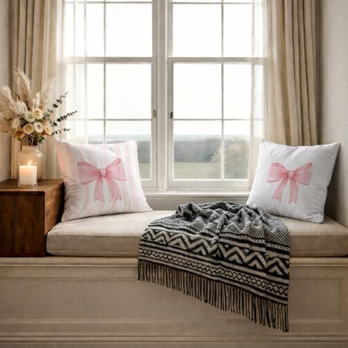 Coquette Pink Bow Striped Pillow Cover 18x18, Girly Ribbon Bow Decorative Throw - Image 6