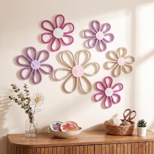 Barydat 6 Pcs Boho Nursery Decor Daisy Flower Woven Macrame Wall Hanging 3 Size by home