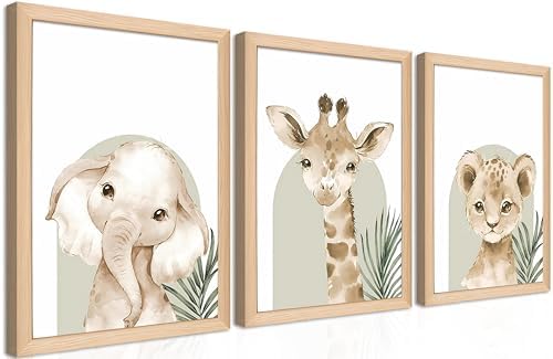 Framed Cute Animal Wall Art Nursery Decor Set of 3, Watercolor Elephant Giraffe by BGFCEWallArt