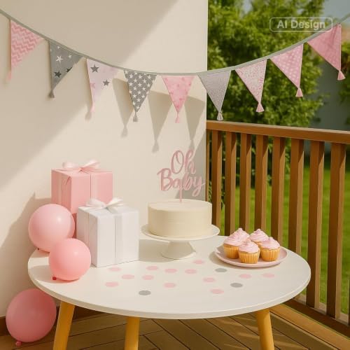 G2PLUS 10.8Ft Cotton Triangle Bunting Banner – 12pcs Pink and Grey Fabric - Image 5