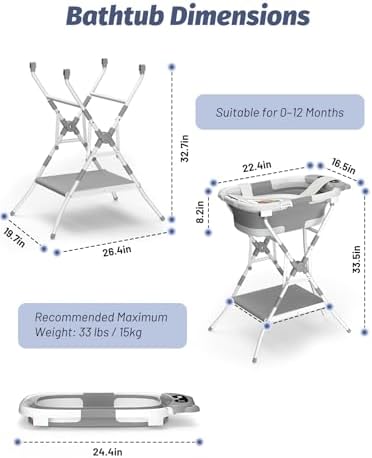 Baby Bathtub with Stand, Foldable Metal Standing Baby Bath Tub, 3-in-1 - Image 4
