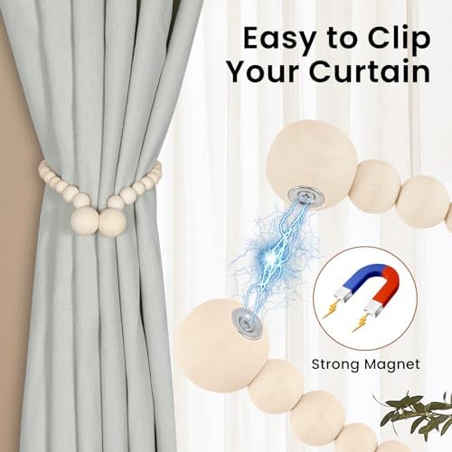 KLOGTSIND Magnetic Curtain Tiebacks, 2 Pack Wood Bead Curtain Holdbacks - Image 2