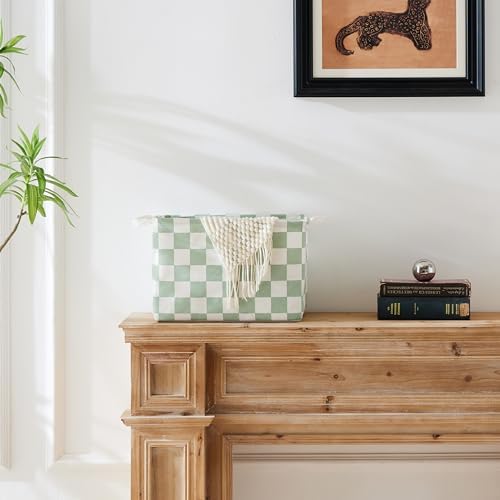 Ohocut Sage Green Checkered Canvas Basket, Rectangular Organizing Decorative - Image 2