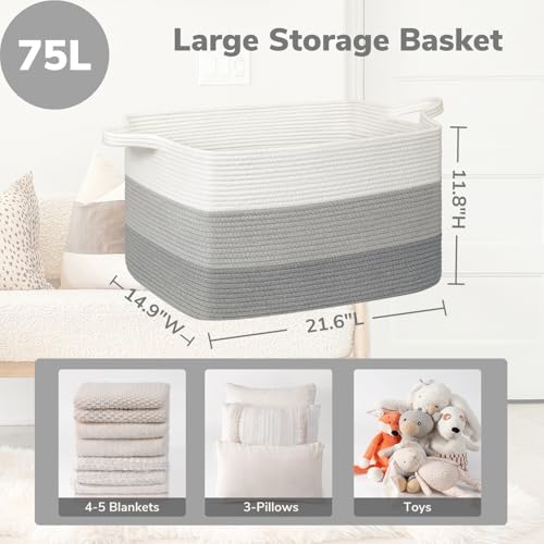 Goodpick Large Woven Rope Blanket Basket, Light Gray - Image 3