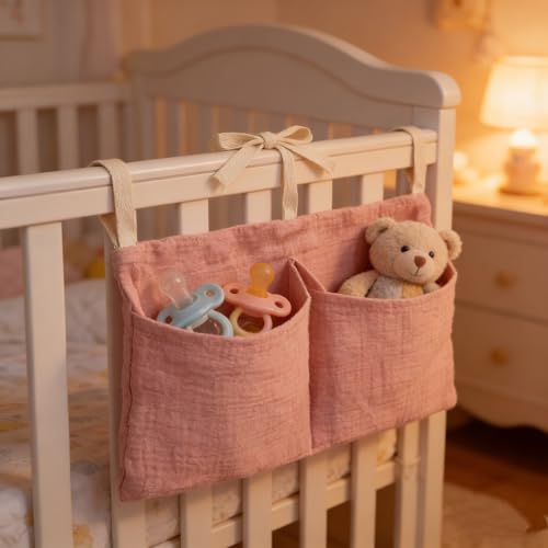 Muslin Cotton Baby Bedside Hanging Storage Bag, 2-Pocket Crib Diaper Caddy - Image 7