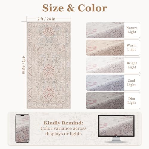 Small Washable Ktichen Rugs 2x4, Tree of Life Floral Animal Area Rug - Image 2