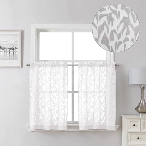 Lecloud Leia White Sheer Curtains 30 Inch Length 2 Pieces, Breathable Jacquard by Lecloud