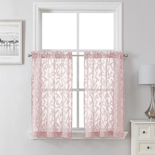 Lecloud Leia Blush Pink Sheer Curtains 36 Inch Length 2 Panels, Jacquard Leaf by Lecloud