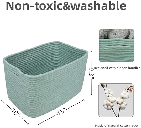 XUANGUO Woven Cotton Rope Storage Baskets 15x10x9.3" 3 Pack Green - Image 2