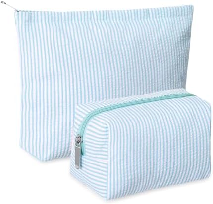 Huhumy 2 Pcs Makeup Bag Set for Women, Light Blue, Thin Stripe by Huhumy