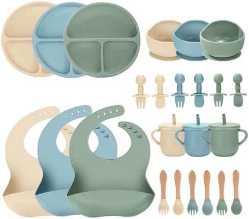 24 PCS Silicone Baby Feeding Set, Baby Led Weaning Supplies Includes Suction by JELLDJKSiliconeBabyFeeding