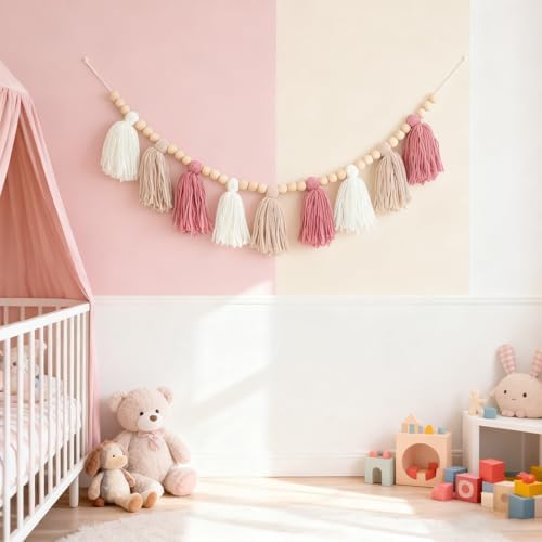 Boho Yarn Tassel Garland Pink Banner - Image 2