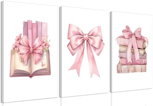 JBZZD Coquette Pink Bow Canvas Wall Art Set of 3, Book Lovers Gifts Preppy by JBZDD