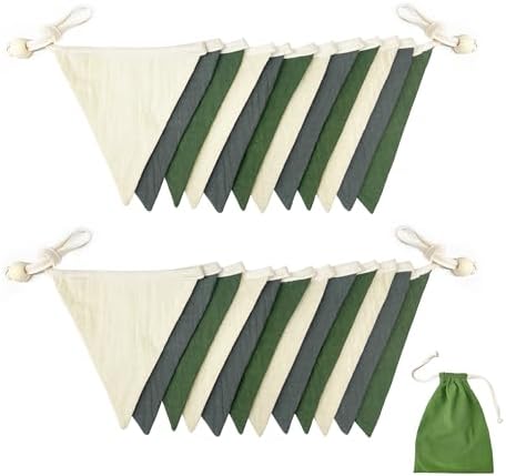 2 Sets of Green Grey Beige Banner Garland 24Pcs Woodland Fabric Linen Pennant - Image 3