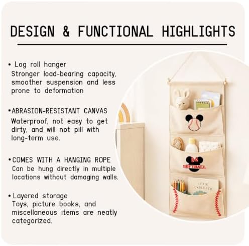 3-Pocket Hanging Wall Organizer, Baseball Theme Over Door Storage - Image 7