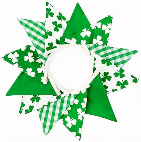 2 Sets of Shamrocks Nursery Garland 20Pcs Green Plaid Clover Pennant Banner - Image 7