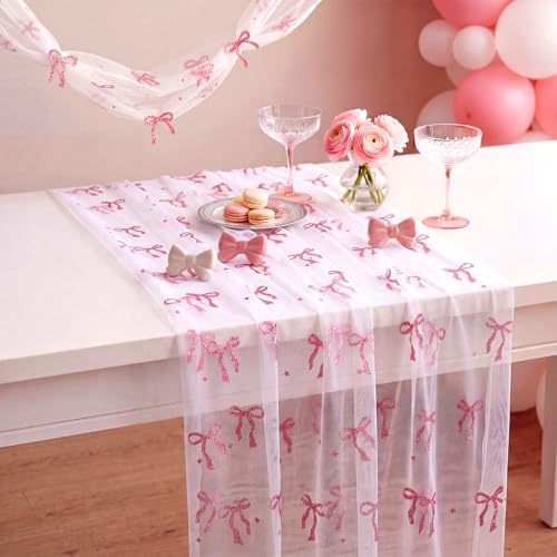 4 Pcs Pink Bow Table Runner 29x70 White Tulle Lace - Image 3