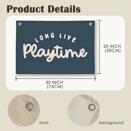 Playroom Decor for Boy, Long Live Playtime Wall Hanging Linen Banner, 20x30 - Image 6