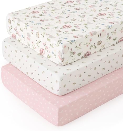 PHF 3 Pack Soft Floral & Animal Crib Sheets Fitted, Comfy Breathable Baby Sheets by PHF