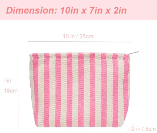 Flat Makeup Bag for Women, Zipper Cosmetic Pouch for Purse, Stripe Pink - Image 4