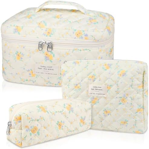 Gosect Quilted Makeup Bag Set, Large Floral Cosmetic Bag by Gosect