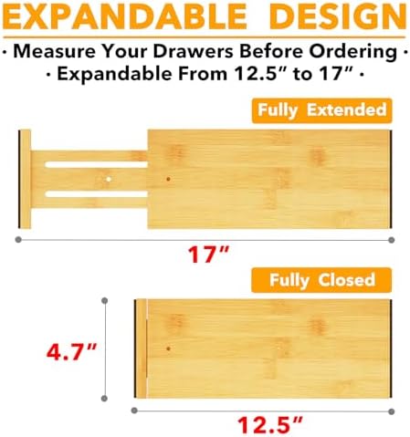 SpaceAid Bamboo Dresser Drawer Dividers 6 Pack, 4.65“ High Adjustable 12.5“-17” - Image 3