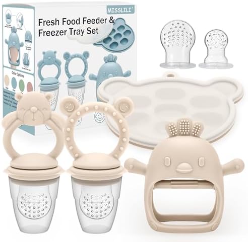 4 Pack Baby Teething Toy with Fruit Food Feeder & Freezer Tray Set by MISSLILI