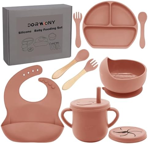 100% Silicone Baby Feeding Set, Divided Plate, Sippy Cup, Spoons & Forks by Dormlony