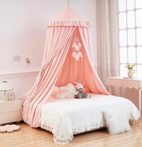 Mengesi Bed Canopy with Pom Pom- Lace Chiffon Canopy Bed Curtains, Double - Image 4