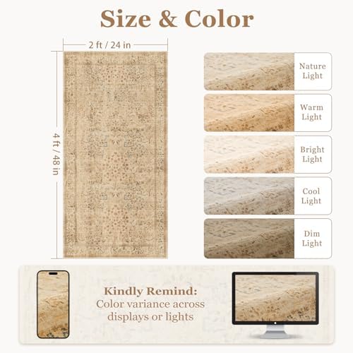 Farmhouse Small Washable Ktichen Rugs 2x4, Distressed Vintage Tree of Life - Image 2