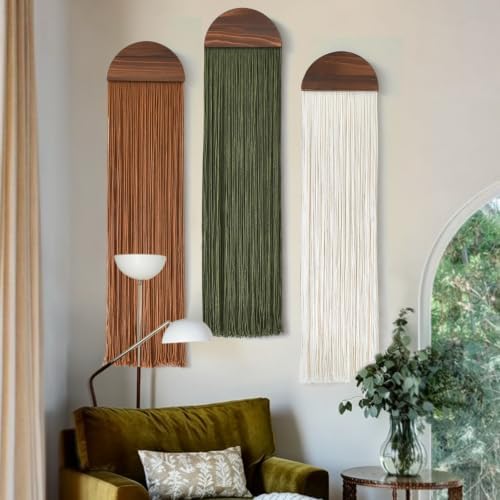 3pcs Macrame Wall Hanging Woven Wall Decor Brown Green Ivory 10"W*40"L by FLBER