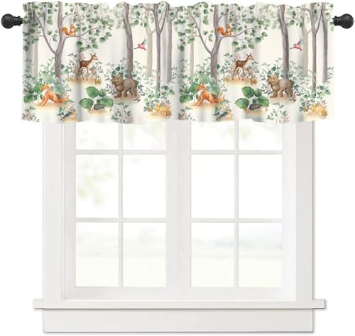 Forest Animal Valance Curtain for Kids Cartoon Nature Green Forest Cute Fox Owl by AAVEUP