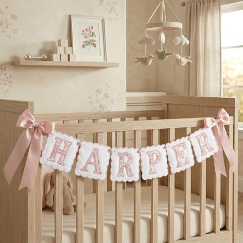 Custom Embroidered Baby Banner, Personalized Baby Name Banner, Scallopped Bow - Image 6