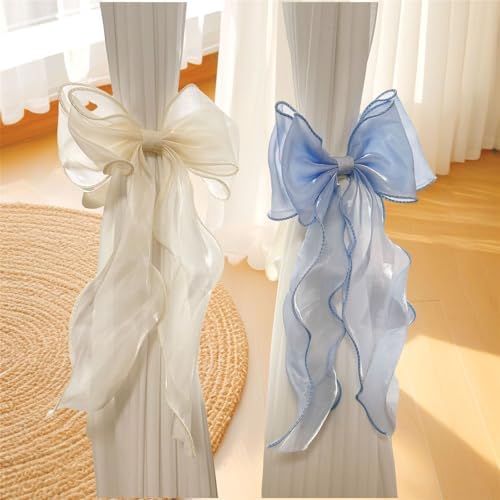 2 Pack French Silky Bow Curtain Tiebacks, Elegant Lace Ribbon - Image 3
