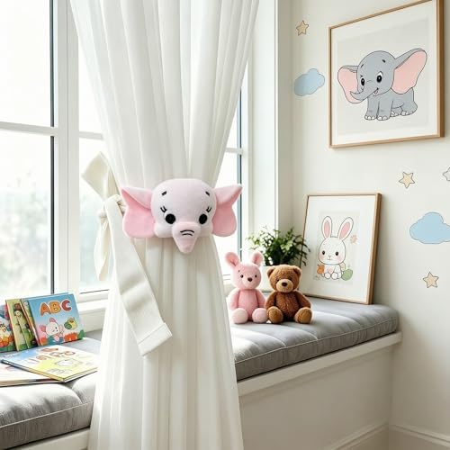 2 Pack Cartoon Elephant Curtain Tiebacks, Cute Cartoon Animal Curtain Holdbacks by YGNNIU