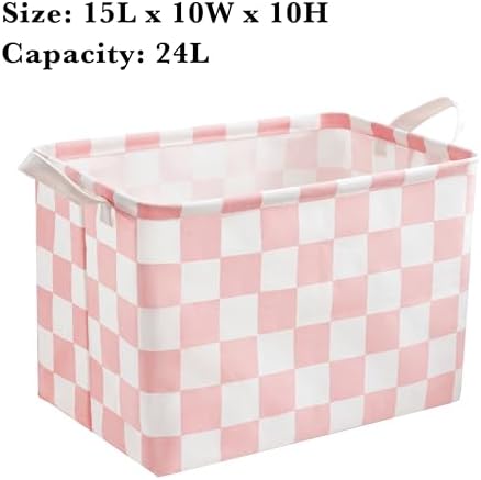 Ohocut Pink White Checkered Canvas Basket, Rectangular Organizing Decorative - Image 6