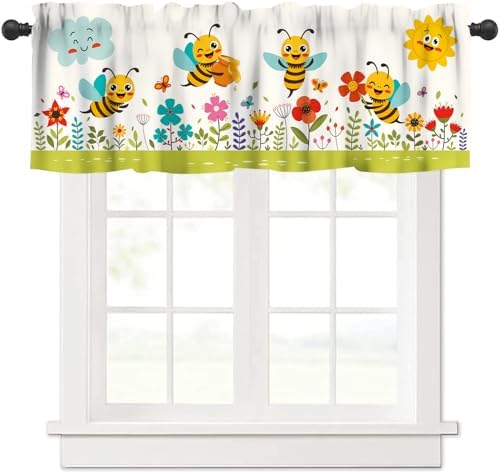 Kids Cartoon Bee Valance Curtain Children's Colorful Cute Forest Plants Flowers by AAVEUP