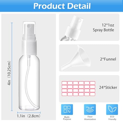 Zoizocp Spray Bottles, 1oz/30ml 12 Pack Clear Mini Travel Bottle Set - Image 3