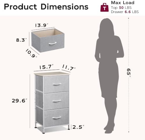 WLIVE Small Dresser Nightstand for Bedroom, 3 Drawers, Light Grey - Image 3