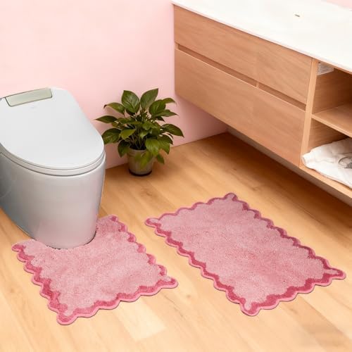 ORTIGIA Cute Scalloped Bathroom Rugs Set, Candy Pink Plush Microfiber Scallop by ORTIGIA