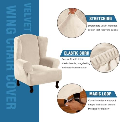 H.VERSAILTEX Wingback Chair Covers Velvet Plush Wing Chair Slipcover 1 Piece - Image 2