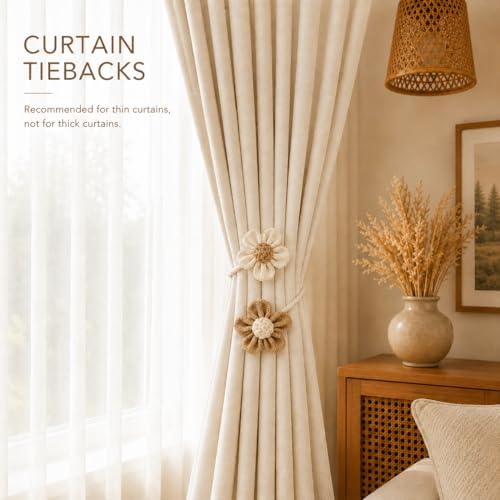 2 Pack Boho Curtain Tiebacks, Adjustable Linen Cotton Flower Holdbacks - Image 4